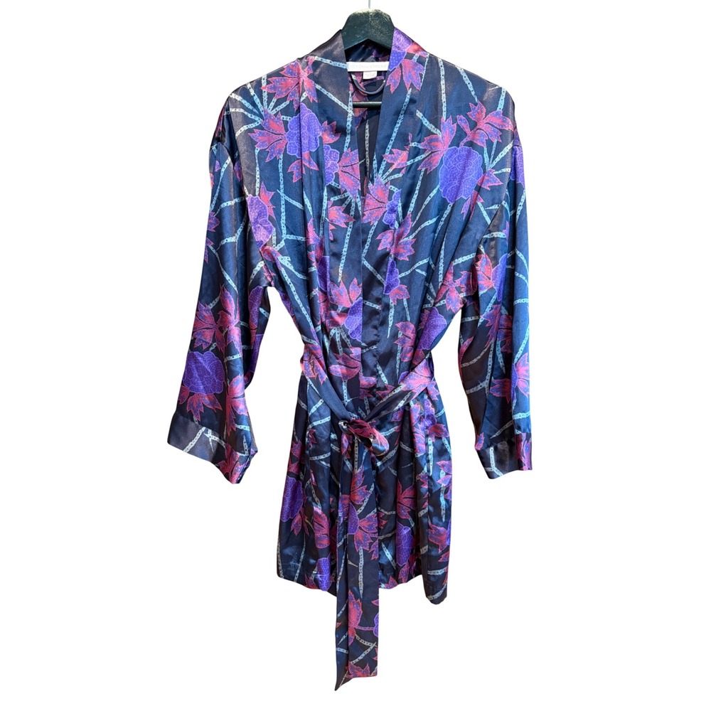 VTG Victorias Secret Satin Floral Kimono Robe Navy Pink OS Dark Romantic W/Flaw
